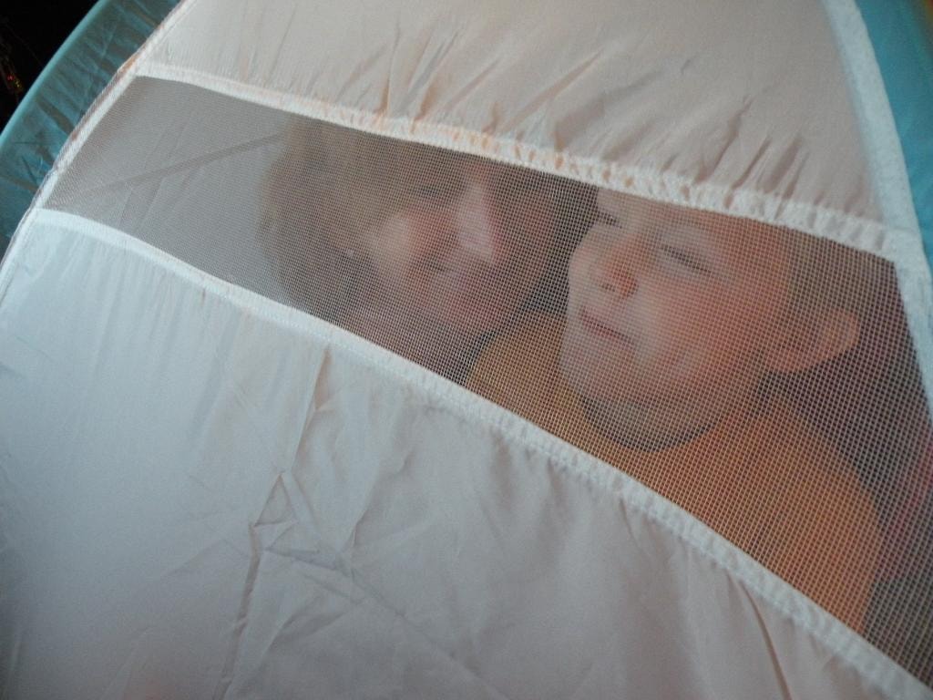 Two babies peeking through mesh of play tent
